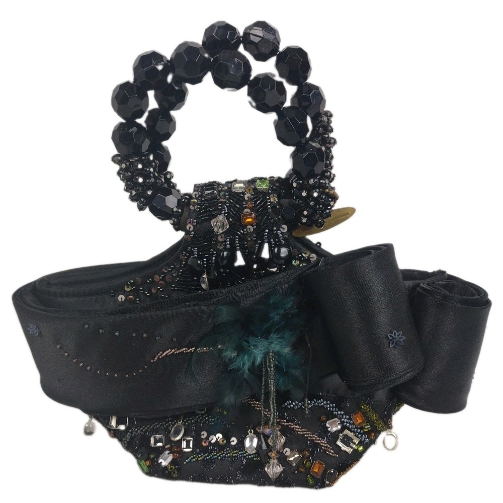 Mary Frances Embellished Vintage HTF Black Beaded Handle Handbag Purse Retired